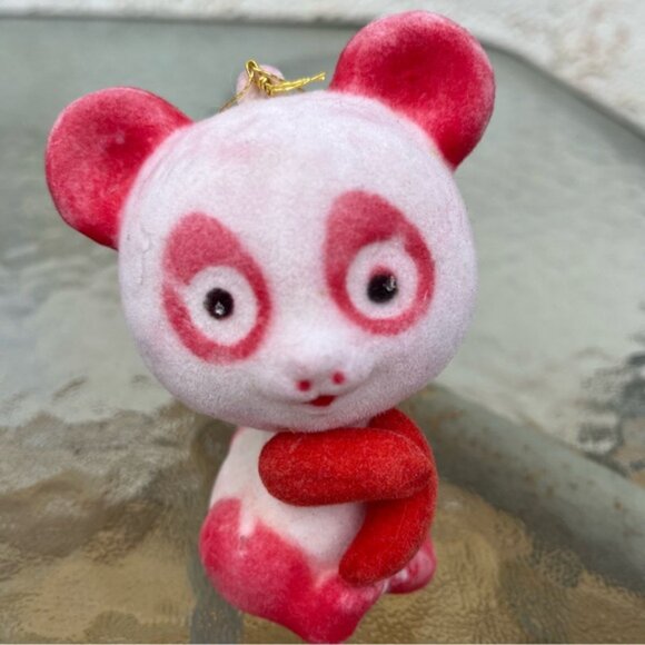 Vintage Blow Mold Flocked Red & White Panda Bear Ornaments Set of 2 - Picture 3 of 15